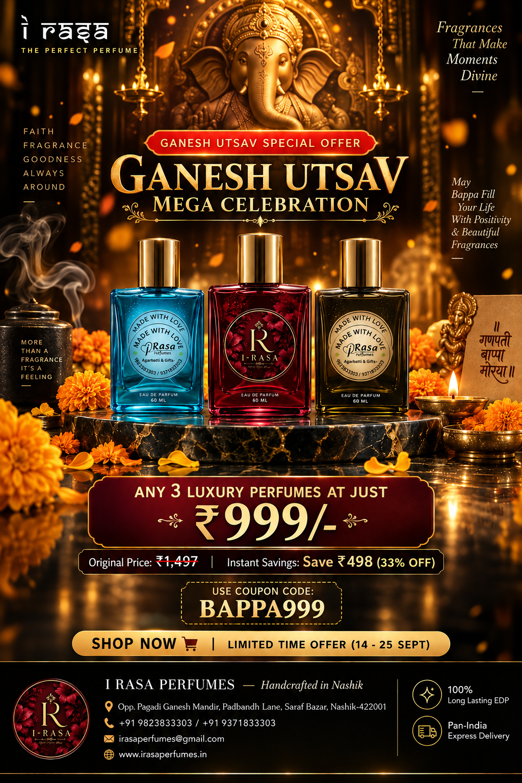 Ganesh Utsav Mega Celebration — Any 3 Luxury Perfumes at ₹999 - Use Code BAPPA999